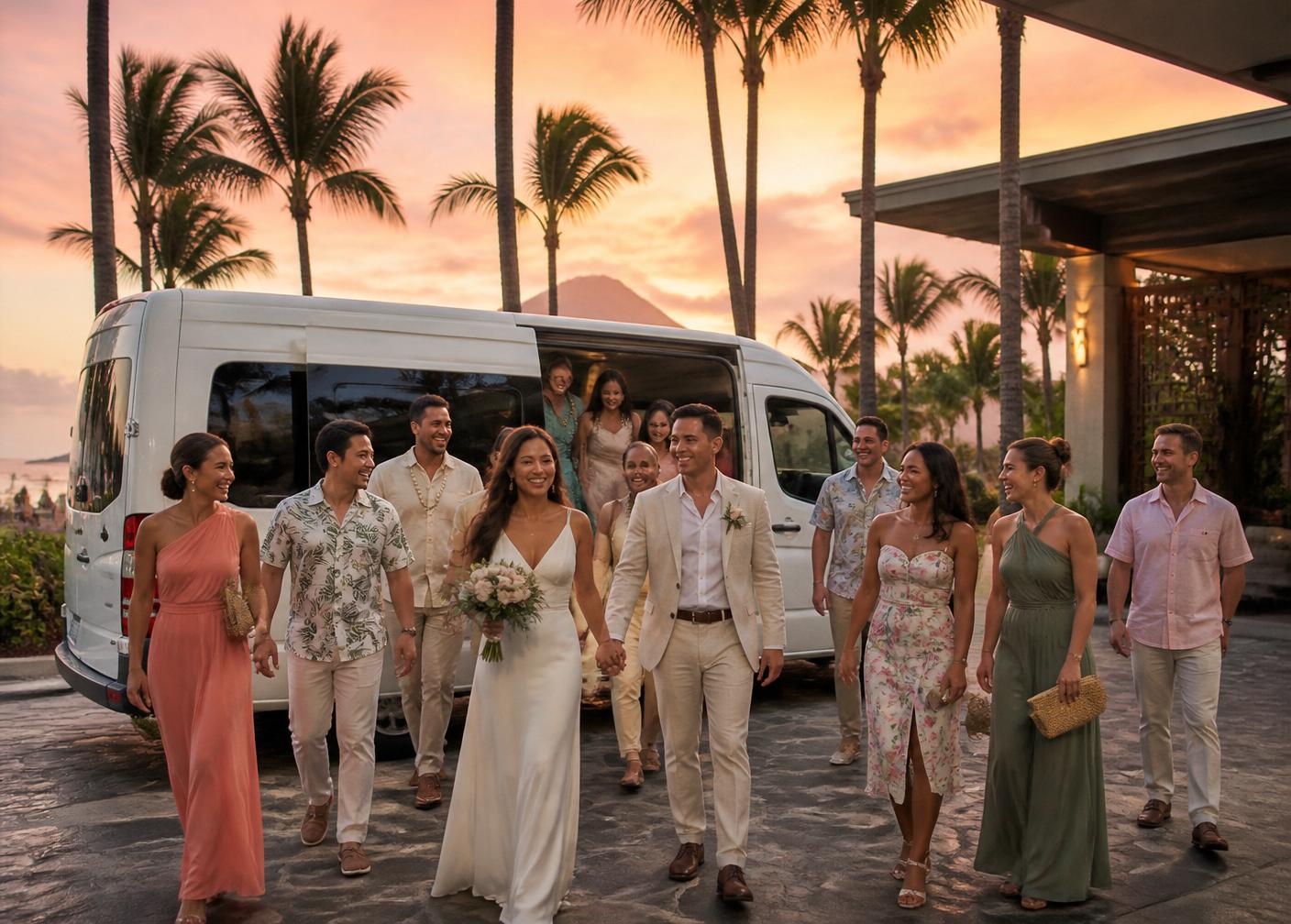 A wedding party stepping out of a private white passenger van at a Waikīkī resort at sunset