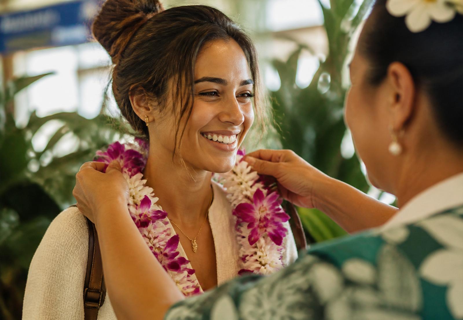 A greeter presenting a fresh purple orchid and white plumeria lei to a smiling arriving guest at Honolulu airport
